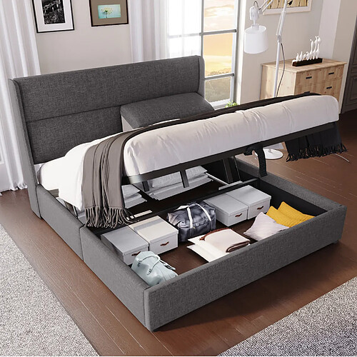 Lit Double 180x200 cm - Modenvie - rangement hydraulique - Gris sans matelas