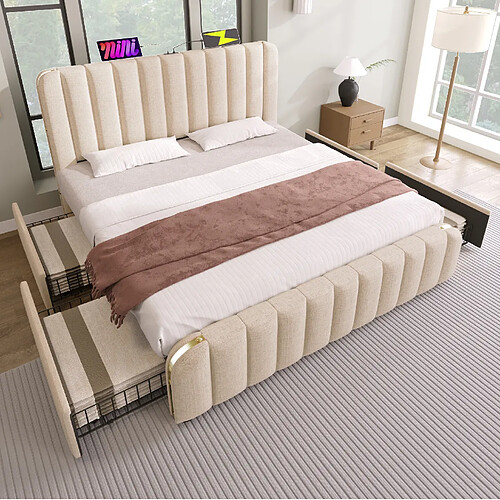 Lit Double 180x200 cm Modenvie avec 4 tiroirs et USB Type-C en lin beige
