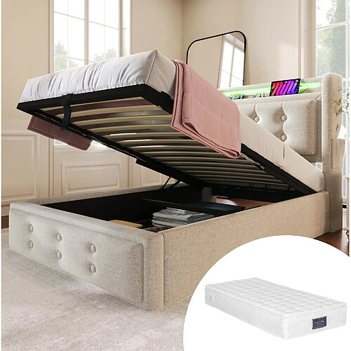 Lit Coffre Modenvie 90x200 cm - LED, USB et rangement - Beige