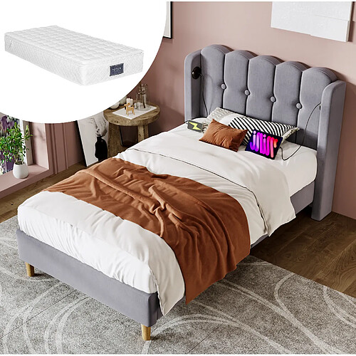 Lit Simple 90x200 cm - Modenvie - USB-C avec sommier - Lin - Gris - avec matelas inclus