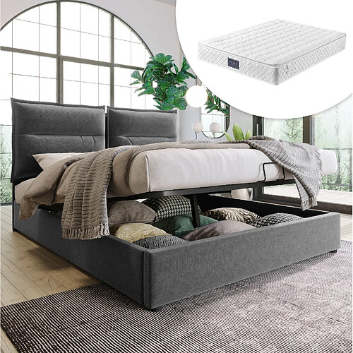 Lit Coffre 140x200 cm Modenvie rangement hydraulique Velours Gris