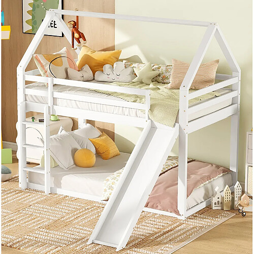 Lit Superposé Cabane Enfant 90x200 - Modenvie - toboggan et échelle - Blanc