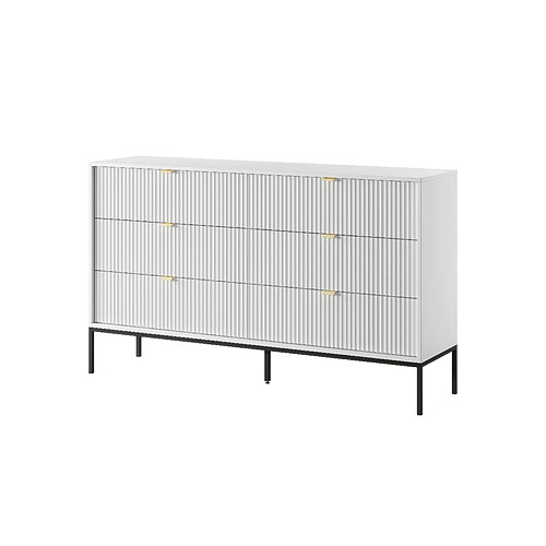3XELIVING Commode : 6 Tiroirs, Blanc, Pieds Noirs, 154 x 39 x 83 cm, poignées dorées