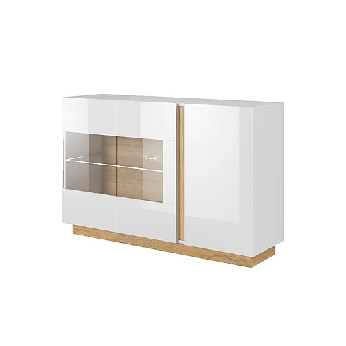 3XELIVING Commode 3 portes, Blanc + Blanc brillant + Chêne Grandson, 138,2 x 90,5 x 40 cm