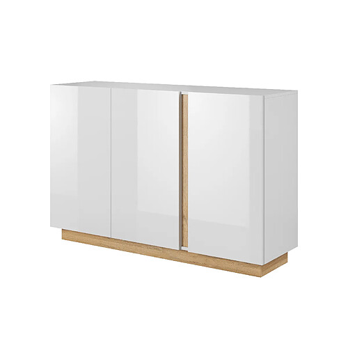 3XELIVING Commode avec vitrine, Blanc + Blanc brillant + Chêne Grandson, 138,2 x 90,5 x 40 cm