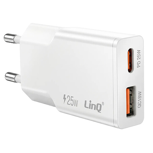 LinQ Chargeur Secteur Extra Plat avec Double Port USB-C et USB 25W Blanc