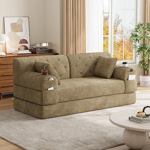 MIVRAY Canapé convertible 2 places 168x80x81 cm avec porte-gobelets, coussin, tissu, kaki
