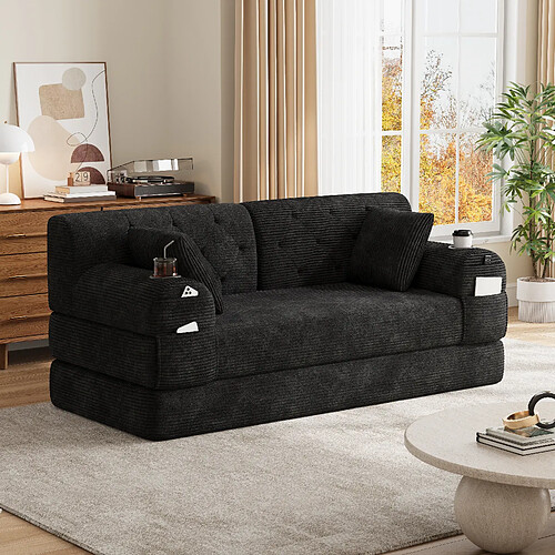 MIVRAY Canapé convertible 2 places 168x80x81 cm avec porte-gobelets, coussin, tissu, noir
