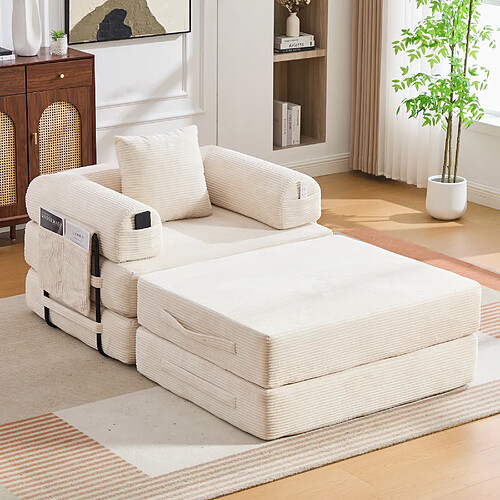 MIVRAY Canapé convertible 112x190x67 cm avec repose-pieds, coussin, poche latérale, tissu, beige