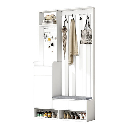 STILVORA Vestiaire d'entrée 180/100/35 cm blanc en MDF avec banc rembourré et panneau perforé