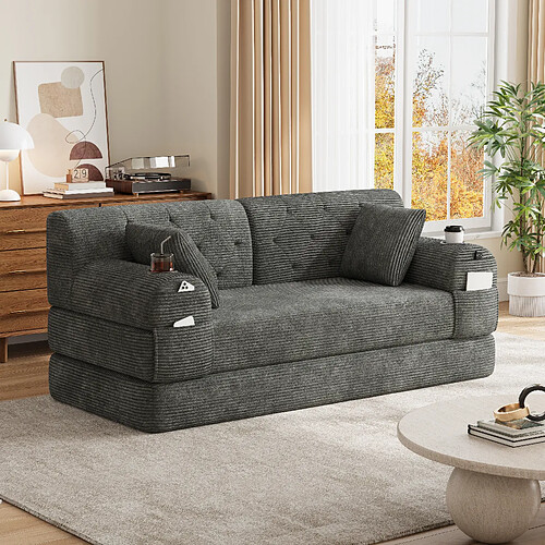 MIVRAY Canapé convertible 2 places 168x80x81 cm avec porte-gobelets, coussin, tissu, gris foncé