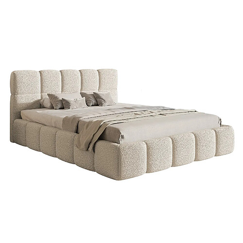 SELSEY - Lit rembourré avec coffre CLOUDY – Maille bouclée – Beige clair – 180x200 cm