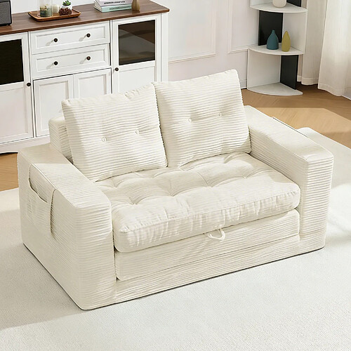 MIVRAY Canapé 2 places convertible 140x85x67 cm avec poches latérales, Velours côtelé, Beige