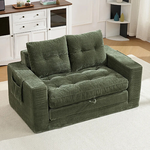 MIVRAY Canapé 2 places convertible 140x85x67 cm avec poches latérales, Velours côtelé, Vert