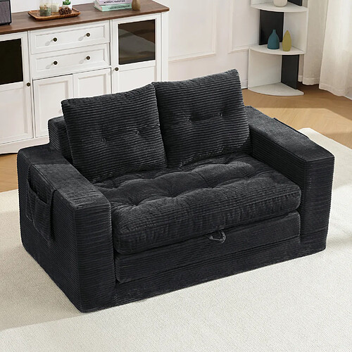 MIVRAY Canapé 2 places convertible 140x85x67 cm avec poches latérales, Velours côtelé, Noir