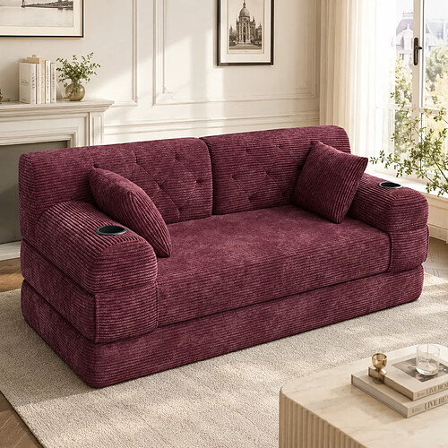 MIVRAY Canapé convertible 2 places 168x80x81 cm avec porte-gobelets, coussin, tissu, Rouge vin