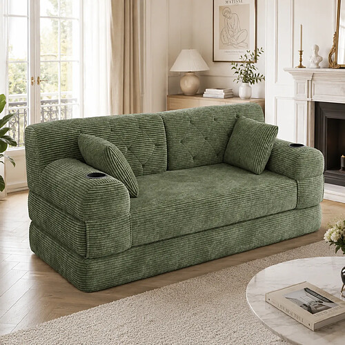 MIVRAY Canapé convertible 2 places 168x80x81 cm avec porte-gobelets, coussin, tissu, vert