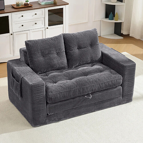 MIVRAY Canapé 2 places convertible 140x85x67 cm avec poches latérales, Velours côtelé, Gris foncé