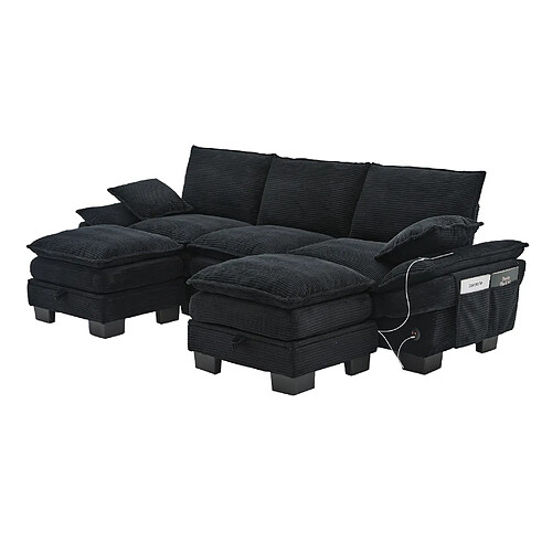 STILVORA Canapé 3 places 260/132/84 cm noir en velours côtelé avec 2 poufs modulables