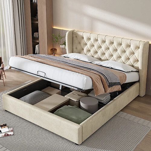 Lit Coffre 140x190 cm Modenvie rangement hydraulique velours Beige