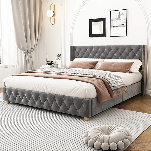 Lit Double 140x190 cm Modenvie capitonné en velours Gris sans matelas
