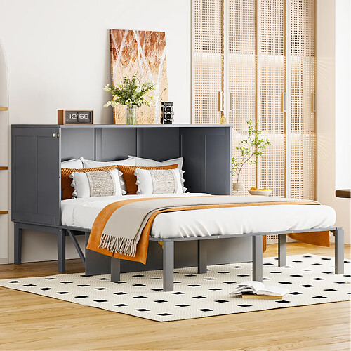 Lit Escamotable Vertical Modenvie 140x200 cm, rangement, gris