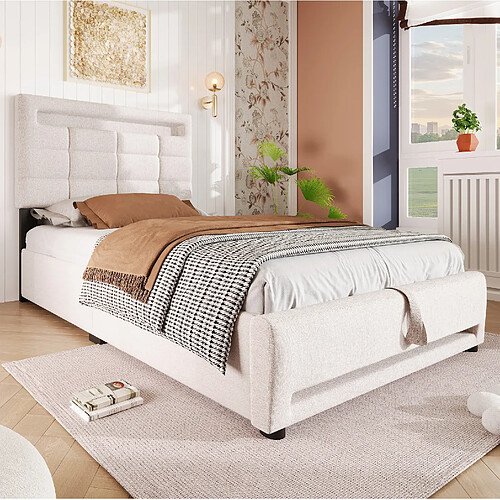 Lit Coffre 90x200 cm - Modenvie - LED et USB - Lin beige sans matelas