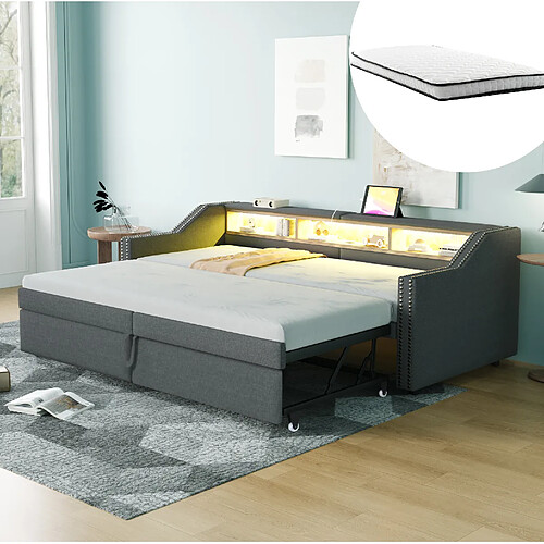 Canapé Lit Gigogne 90/180x200 cm - Modenvie - rangement USB LED - Gris foncé