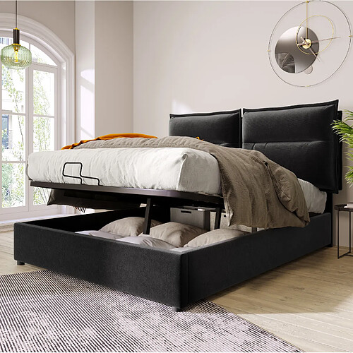Lit Coffre 140x200 cm - Modenvie - rangement et tête de lit réglable - Noir