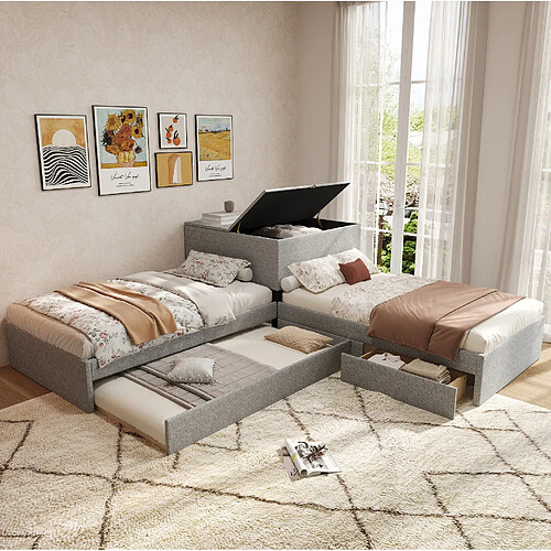 Lit d angle 90x200 cm Modenvie avec lit gigogne et rangement gris