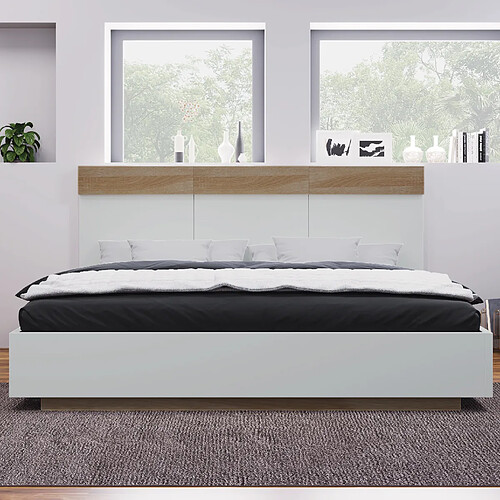 Lit Double Modenvie 140x200 cm - sommier inclus - effet flottant - Blanc et Chene