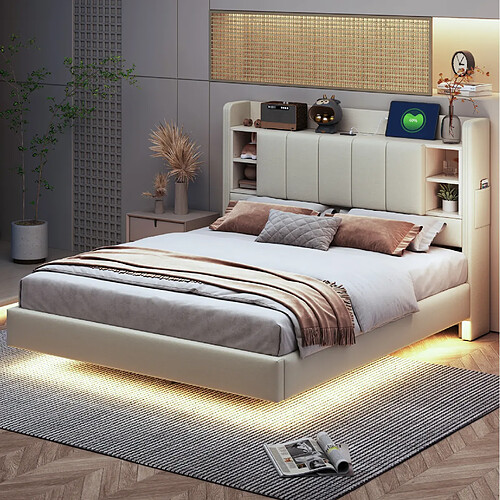 Lit Double 140x200 cm Modenvie avec rangement et USB - Beige