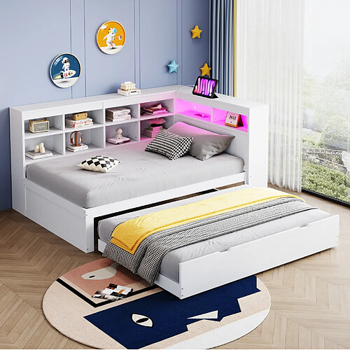 Lit banquette gigogne 90x200 cm Modenvie avec rangement USB LED blanc