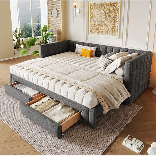 Lit Banquette Gigogne 90x200 cm Modenvie avec 2 tiroirs et couchage extensible Gris