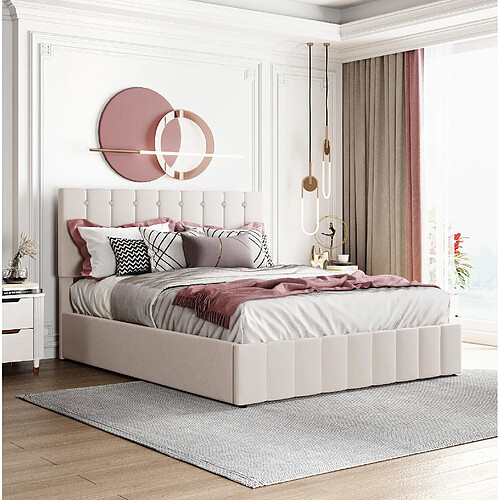 Lit Coffre 140x200 cm Modenvie rangement hydraulique Creme blanc
