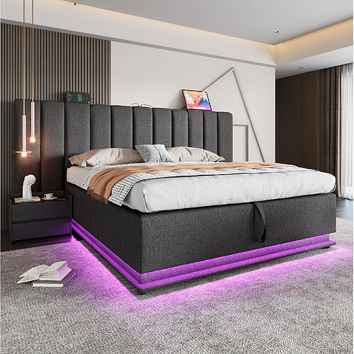 Lit Coffre 160x200 cm Modenvie avec USB et LED en lin gris