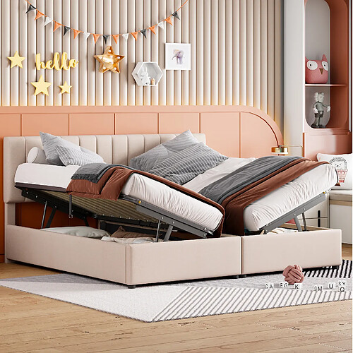 Lit Coffre Double 180x200 cm - Modenvie - rangement hydraulique - Beige