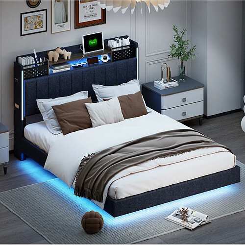 Lit Double Modenvie 140x200 cm LED USB - Gris