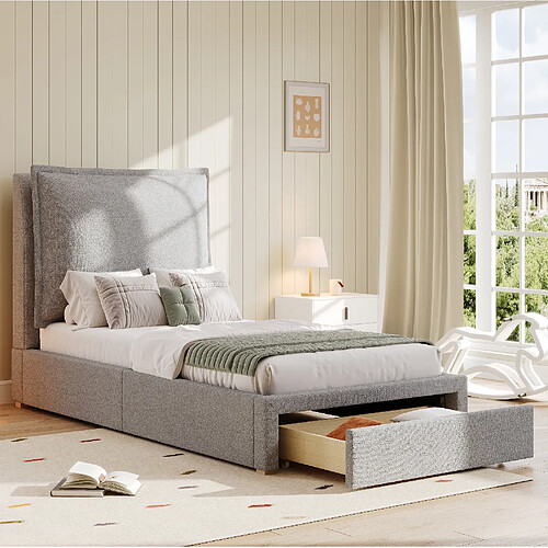 Lit Enfant 90x200 cm - Modenvie - rangement avec sommier inclus - Chenille Gris