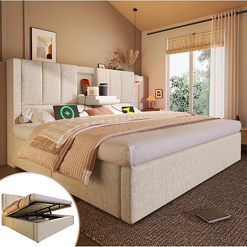 Lit Coffre 140x200 cm Modenvie rangement USB-C lin beige sans matelas
