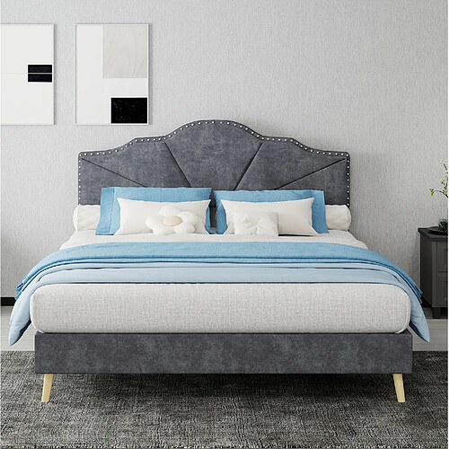 Lit Double 140x200 cm Modenvie avec tête de lit rembourrée tissu gris