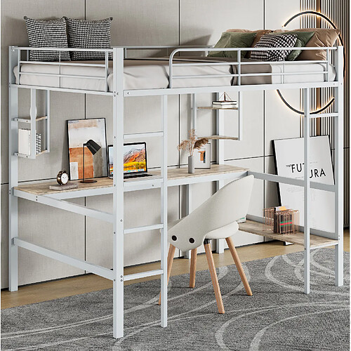 Lit Mezzanine 90x200 cm Modenvie avec bureau et étagères en métal blanc