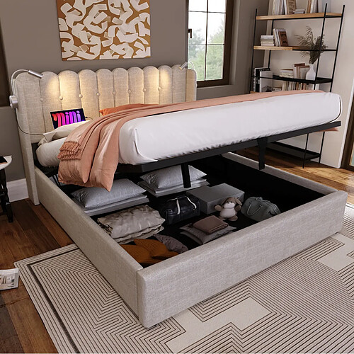 Lit Coffre 160x200 cm Modenvie rangement USB liseuse lin naturel