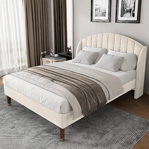 Lit Double 140x200 cm Modenvie avec tête de lit rembourrée en velours Beige
