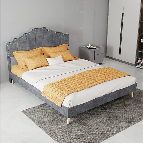 Lit Double Modenvie 140x200 cm avec sommier inclus en tissu gris