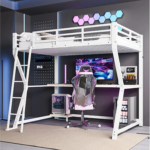 Lit Mezzanine 90x200 cm Modenvie avec bureau, LED et USB - Blanc