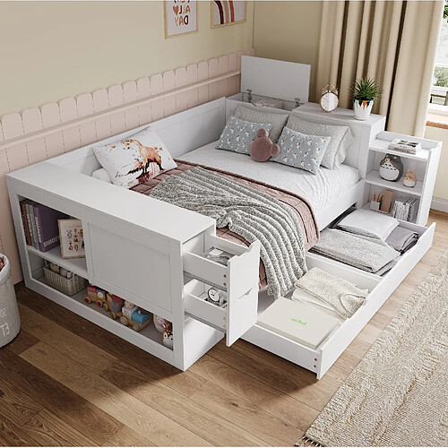 Lit Enfant 140x200 cm - Modenvie - rangement avec sommier - MDF - Blanc