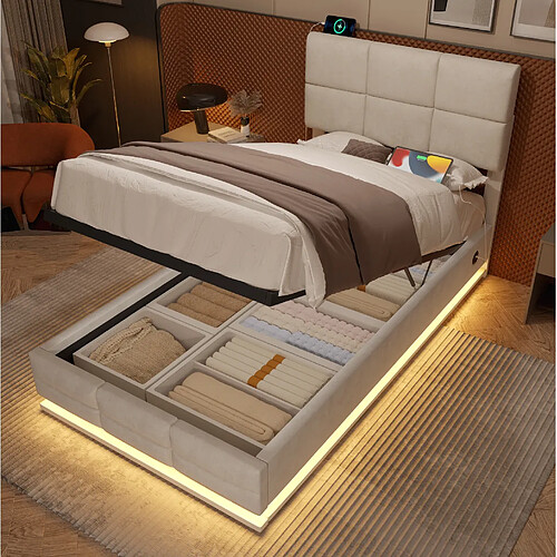 Lit Coffre 90x200 cm Modenvie avec rangement hydraulique et LED Beige