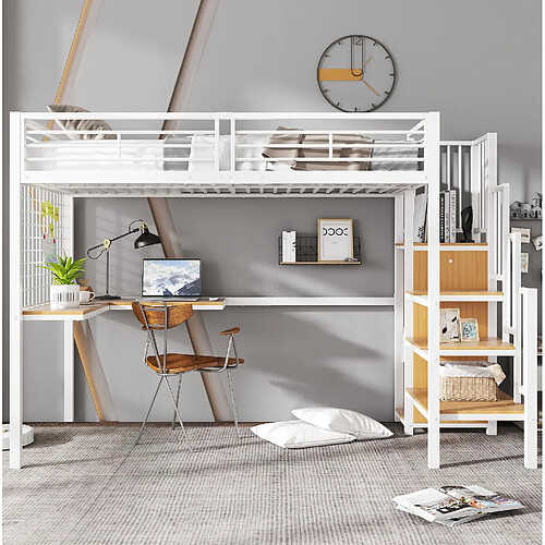 Lit Mezzanine Enfant 90x200 cm - Modenvie - armoire et bureau - Blanc naturel
