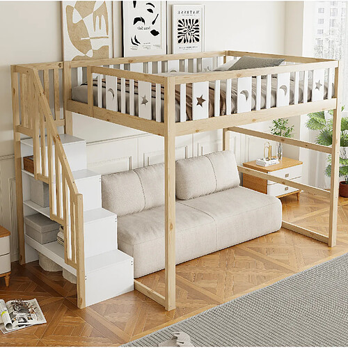 Lit Mezzanine Enfant Modenvie 140x200 cm - rangement escalier - Naturel Blanc